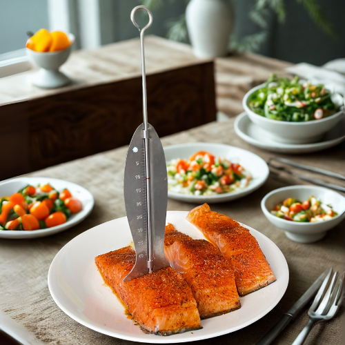A plate of seasoned salmon fillets with a Fishtastic tool, surrounded by bowls of colorful salads and vegetables on a dining table.