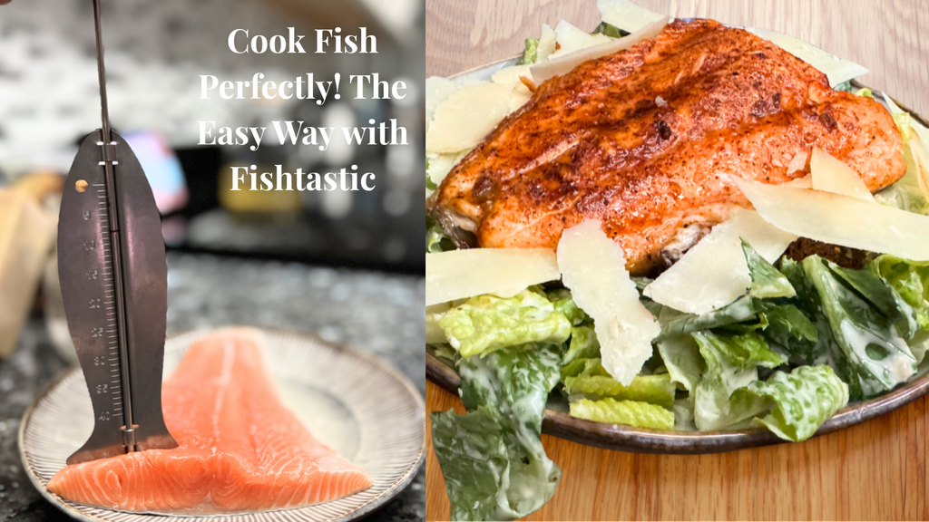 Image shows a fish preparation tool call fishtastic and a plated salmon salad, highlighting an easy cooking method for perfect fish.