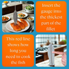 Image shows a fish cooking gauge Fishtastic being demonstrated alongside cooked salmon and bowls of salad. Instructions on using the gauge are provided.