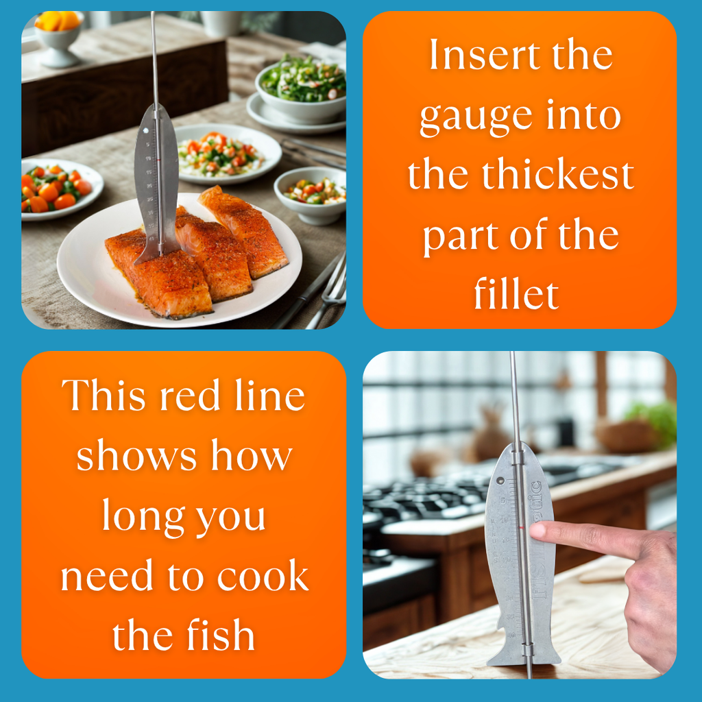 Image shows a fish cooking gauge Fishtastic being demonstrated alongside cooked salmon and bowls of salad. Instructions on using the gauge are provided.